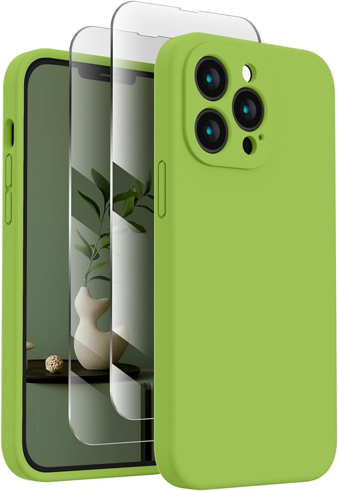 FireNova Designed for iPhone 13 Pro Max Case, Silicone [Camera Protection] Phone Case with [2 Screen Protectors], Soft Anti-Scratch Microfiber Lining Inside, 6.7 inch, Sprout Green