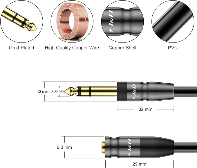 J&D 1/4 inch to 3.5mm Headphone Adapter, Heavy Duty Copper Shell Connecter Joint 3.5mm 1/8 inch Female TRS to 6.35mm Male TRS Stereo Audio Extension Cable (6 Feet 10 Pack)