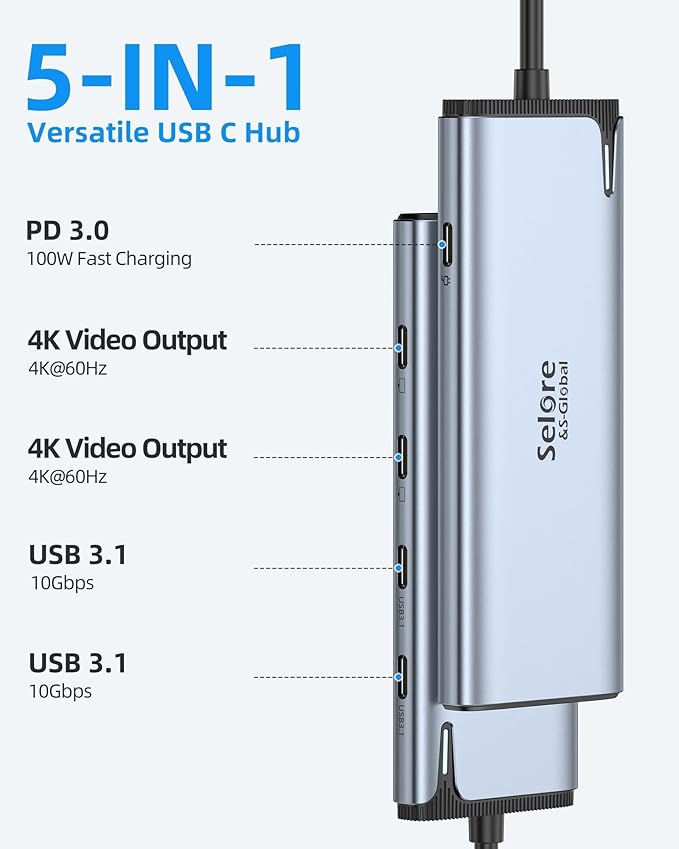 Selore&S-Global USB C Splitter with 4K/60Hz Video Output,USB C Hub Dual Monitor with DP Alt Mode,10Gbps Data Transfer,100W PD,Docking Station Dual Monitor for Windows Laptop,Portable Monitors