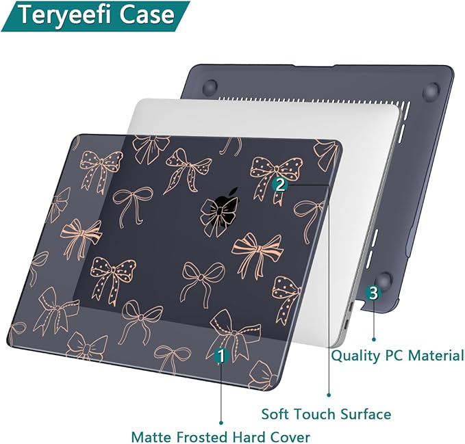 Teryeefi for MacBook Pro 13 inch Case Touch Bar M2 M1 2025 2024 2022 2021 2019 2018 2017 2016 Release fits Model A2338 /A2289/A2251/A2159/A1989/A1706, PC Hard Shell with Keyboard Cover, Gold Bows A003