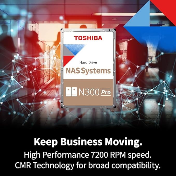 Toshiba N300 PRO 16TB Large-Sized Business NAS (up to 24 bays) 3.5-Inch Internal Hard Drive - Up to 300 TB/year Workload Rate CMR SATA 6 GB/s 7200 RPM 512 MB Cache - HDWG51GXZSTB