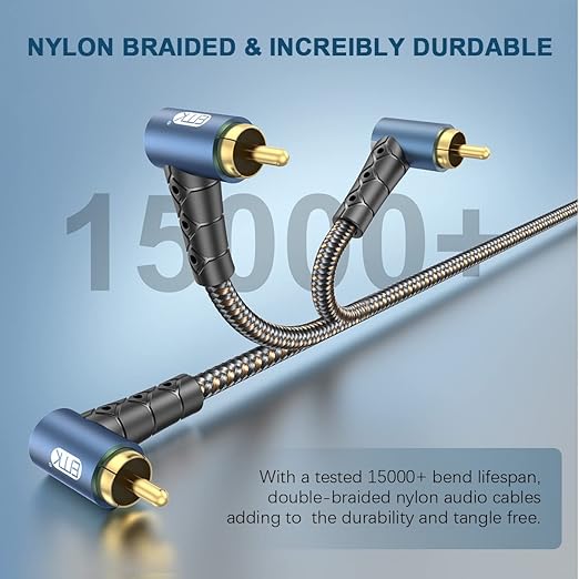 EMK RCA Subwoofer Cable 90 Degree RCA to RCA Audio Cable 24K Gold-Plated Nylon Braided Double Shielded Digital Analogue Supports Amplifiers,Home Theater,Hi-Fi Systems,Subwoofer(10ft/3m)