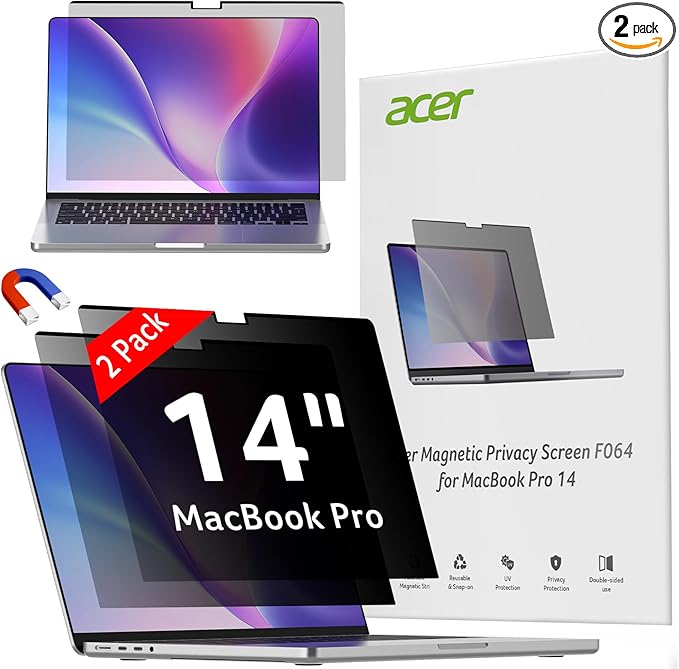 acer [2 Pack] Laptop Privacy Screen for MacBook Pro 14 Inch (2021-2024 M1, M2, M3, M4), Eye Protection Anti Spy/Glare Blue Light Computer Monitor Privacy Filter, Dual-Sided Magnetic & Removable