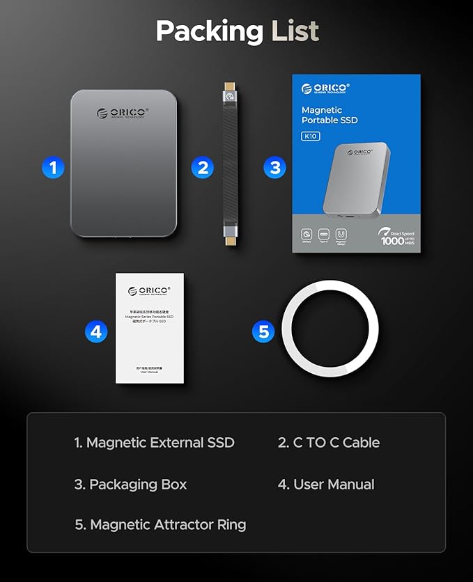 ORICO 512 GB Magnetic SSD, PD100W Charging, 4K ProRes HDR, 1000MB/s USB 3.2, Portable External Drive for iPhone 16/15, Laptops, Tablets - Aluminum Alloy, Drop Resistant - K10
