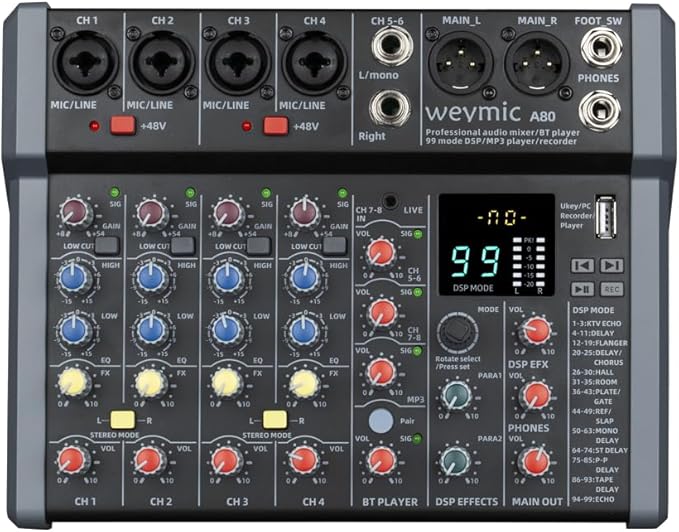 A-Series Professional Mixer for Recording DJ Stage Karaoke Music Application w/ 99 DSP Effect USB Drive for Computer Recording Input, XLR Microphone Jack, 48V Power for Professional (8-Channel)