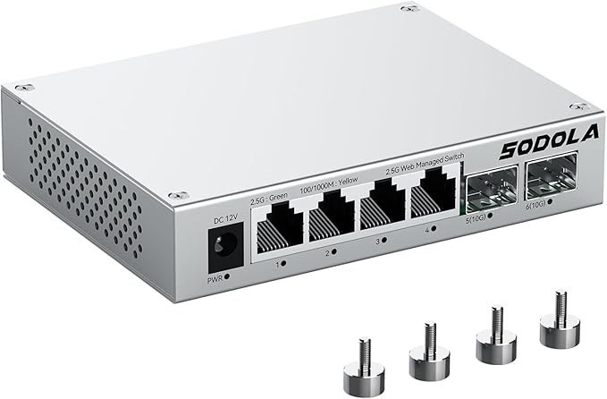 SODOLA 6 Port 2.5Gb Easy Web Managed Switch, 4 x 2.5G Base-T Ports, 2 x 10G SFP+,Aluminum Alloy Cooling & Magnetic Mounting - LACP/QoS/VLAN/IGMP Managed Multi-Gigabit Switch for Homelab