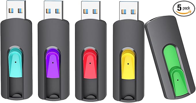 Aiibe 5 Pack 128GB Flash Drive 3.0, Upgraded 130MB/s USB 3.0 Flash Drive Retractable USB Drive Portable Thumb Drive Colorful Memory Stick Multi Pack (Cyan, Green, Purple, Red, Yellow)