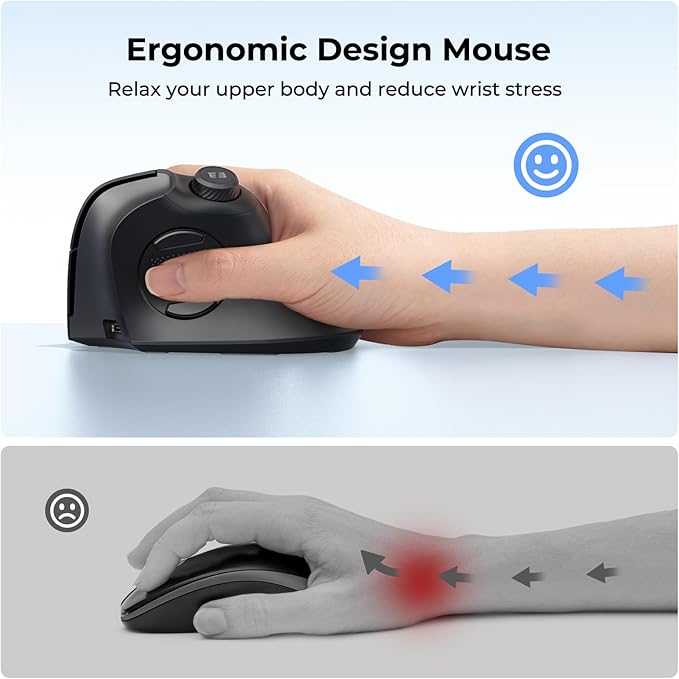 seenda Ergonomic Mouse Rechargeable, USB+Dual Bluetooth, MOU-302 Vertical Wireless Mouse with Volume Knob, Quiet Clicks, Multi-Device Cordless Mice Compatible for Windows, PC, Laptop, Mac OS, Black