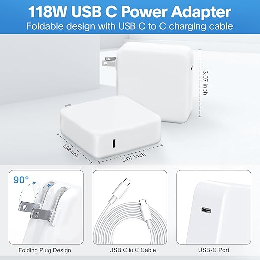 Mac Book Pro Charger - 118W USB C Fast Charger Power Adapter Compatible with MacBook Pro/MacBook Air 16 15 14 13 Inch, M1 M2 M3 M4, New iPad Pro and All USB C Device, Charge Cable 6.6ft