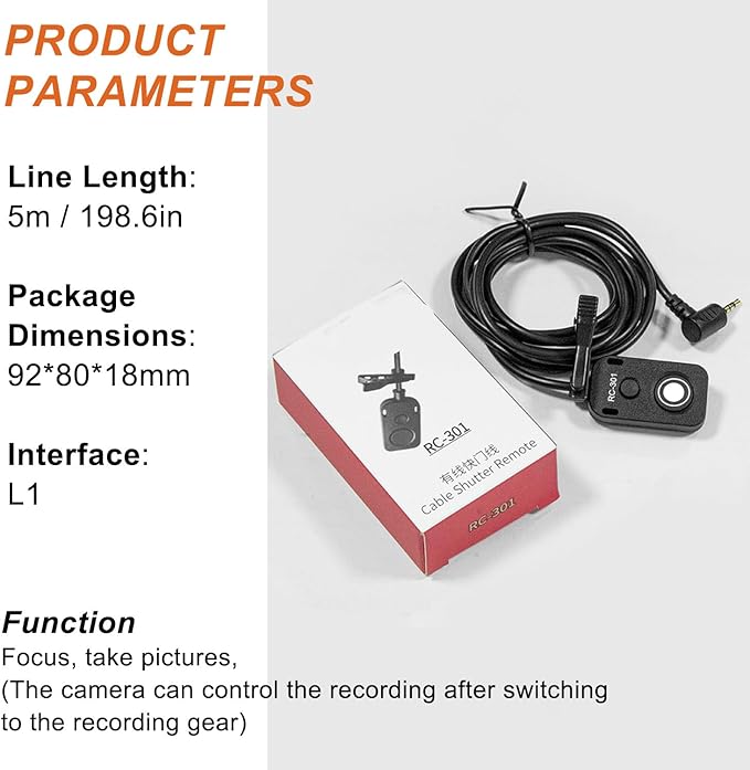 for Panasonic Cable RC301-L1 Remote Camera Small Shutter Release Remote Control 196.8 "Extended Cable Remote Wired Button GH3 GH4 GH5 GH6 S5 S5II G85 G9 GXL S1R -114(RC301-L1 GH 196.8in/5m)