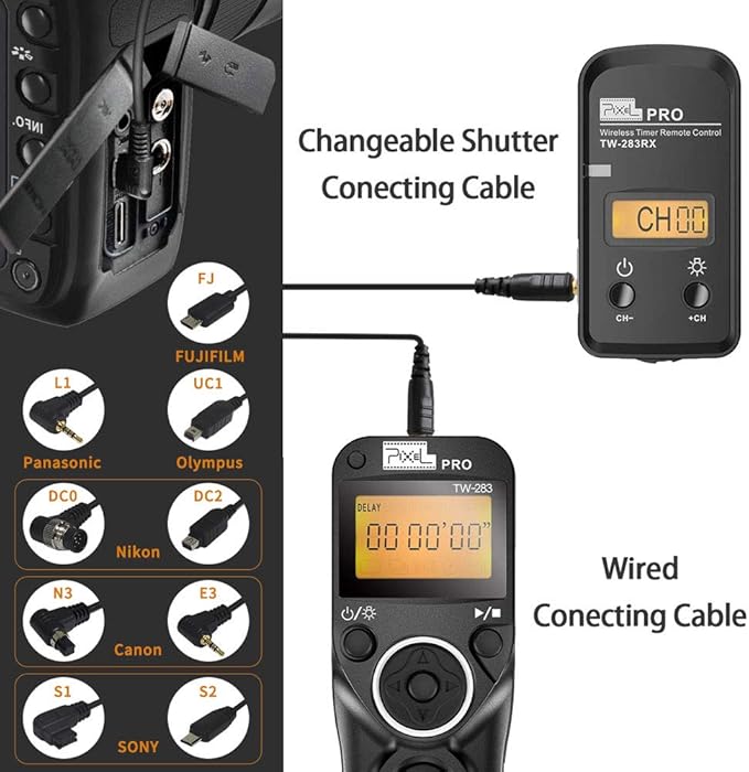 Remote Control Compatible for Sony, Pixel Wireless Shutter Release Cable TW-283 S1/S2 Timer Remote Control Compatible for Sony Alpha A100 A350 A450 A550 A560 A9 A99 A77 A7RII A7