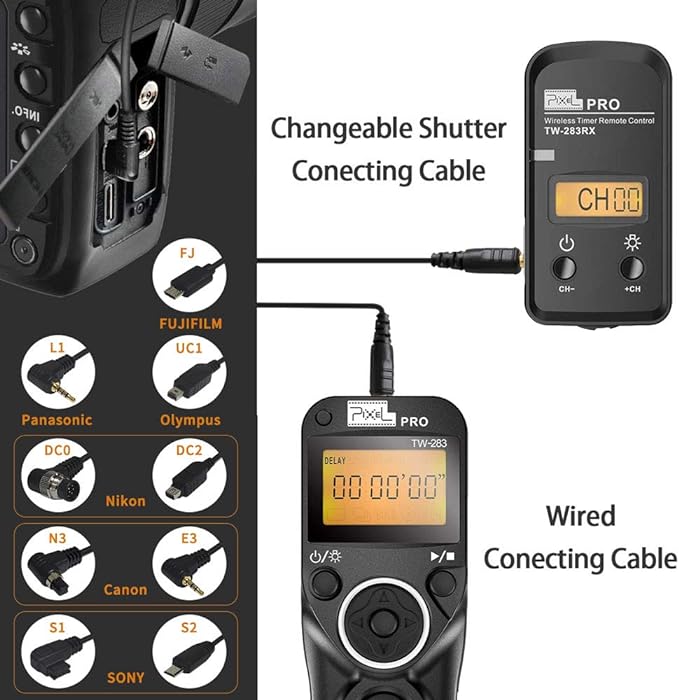 Wireless Shutter Release Comaptible for Canon, Pixel TW-283 E3/N3 Wireless Remote Control Timer Shutter Release Cable Compatible for Canon EOS 1300D 1100D 760D 750D 5D IV III 1D 6D II 7D