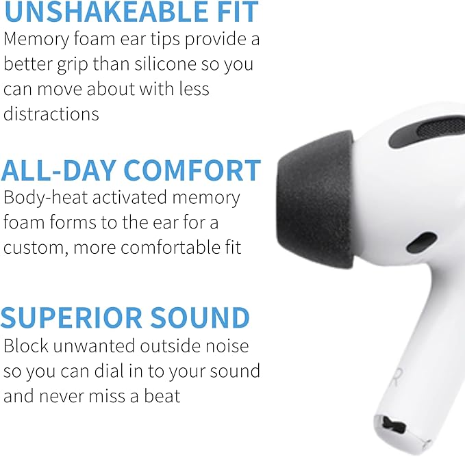 Comply Memory Foam Replacement Earbud Tips for Apple AirPods Pro 1 & 2 | Ultimate Comfort, Secure Fit, Superior Noise Isolation | Anti Slip, Prevent From Falling Out | Black, Medium (3 Pairs)