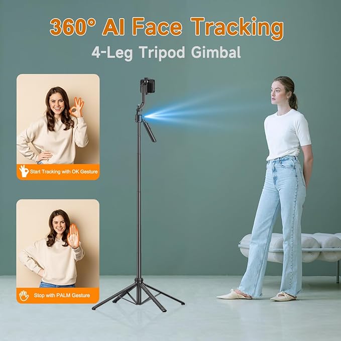 AI Face Tracking Tripod with Remote 360° Auto Rotation Selfie Stick Tripod for iPhone Extendable to 65" 1/4" Screw Phone Mount for iPhone Android TikTok Streaming Travel