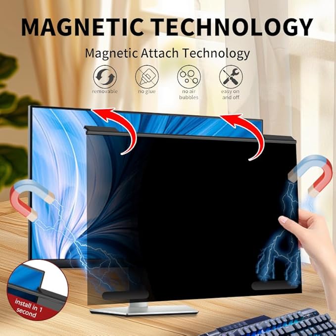 Magnetic Hanging Computer Privacy Screen Filter for 27 Inch, Removable Aluminum Alloy Privacy Shield for 16:9 Widescreen Monitor, Eye Protection Blue Light Filter