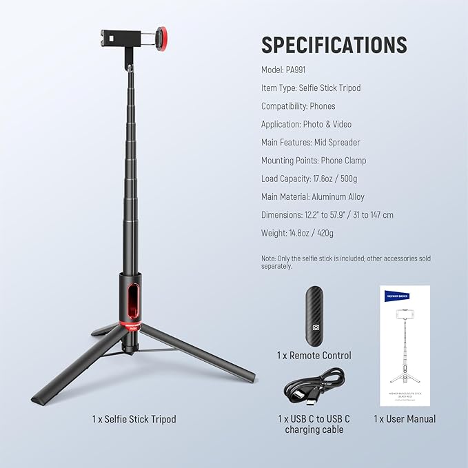 NEEWER Basics PA991 Selfie Stick Tripod Compatible with iPhone Samsung Android, 57.9 Inch Metal Portable Lightweight Travel Mobile Phone Stand with Holder & Remote Control for Video Recording