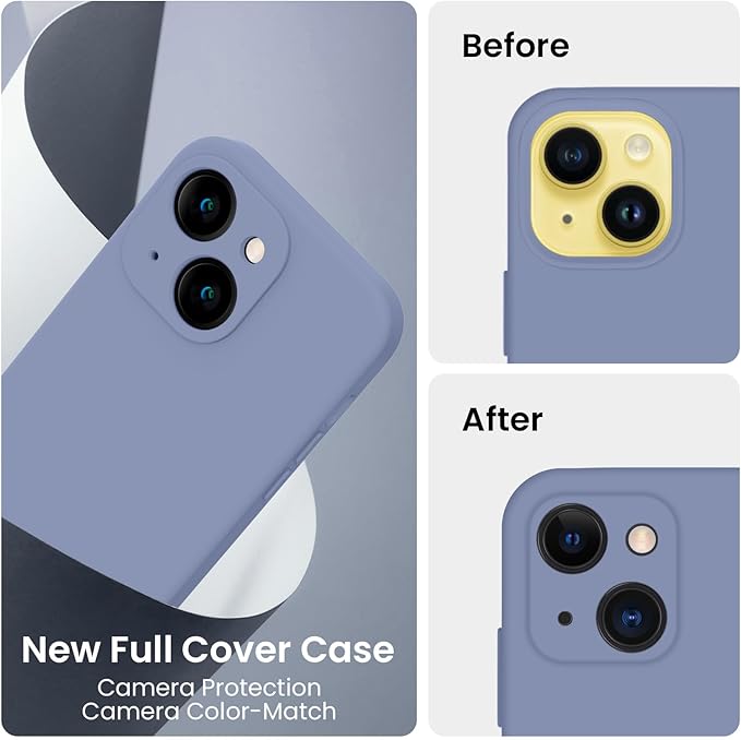 FireNova Designed for iPhone 14 Case, Silicone Upgraded [Camera Protection] Phone Case with [2 Screen Protectors], Soft Anti-Scratch Microfiber Lining Inside, 6.1 inch, Lavender Gray