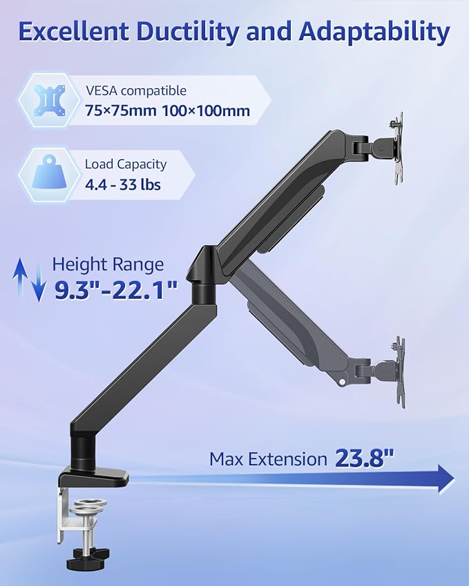 MOUNTUP Heavy Duty Single Monitor Arm for 42 40 39 34 32 27Inch Screens, Monitor Stand for Desk Supports 4.4-33 lbs, Height Adjustable Ultrawide Monitors Mount with C-Clamp & Grommet Base