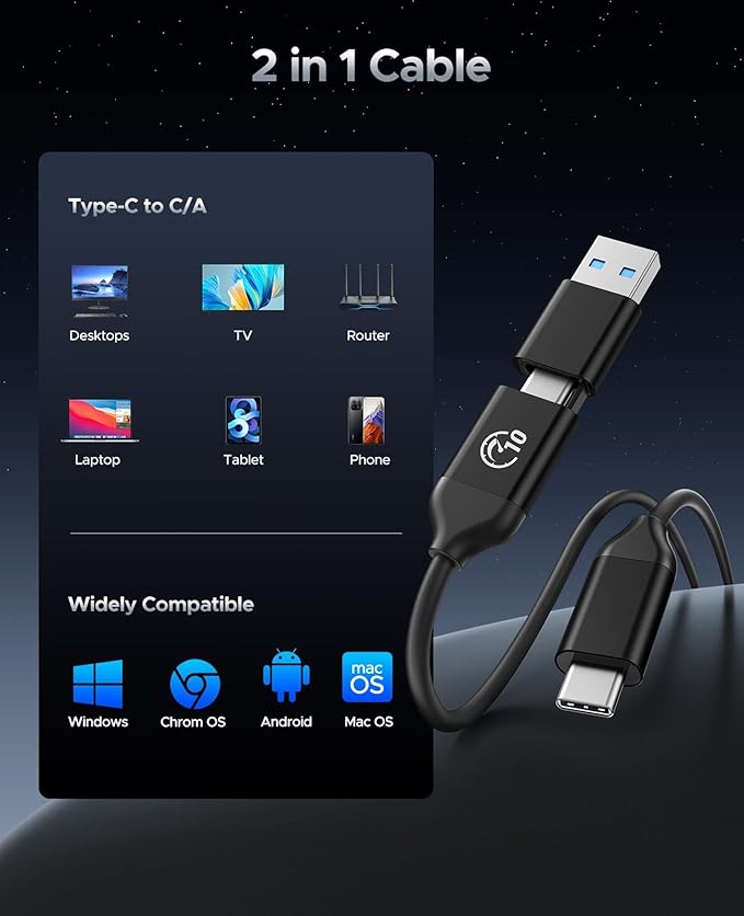 ORICO 256GB External SSD Up to 1050MB/s, Hanging Hole Design Portable Solid State Drive, USB C&A 2 in 1 Cable, Reliable Storage for Type-C Smartphone, Tablets, Laptops - C10