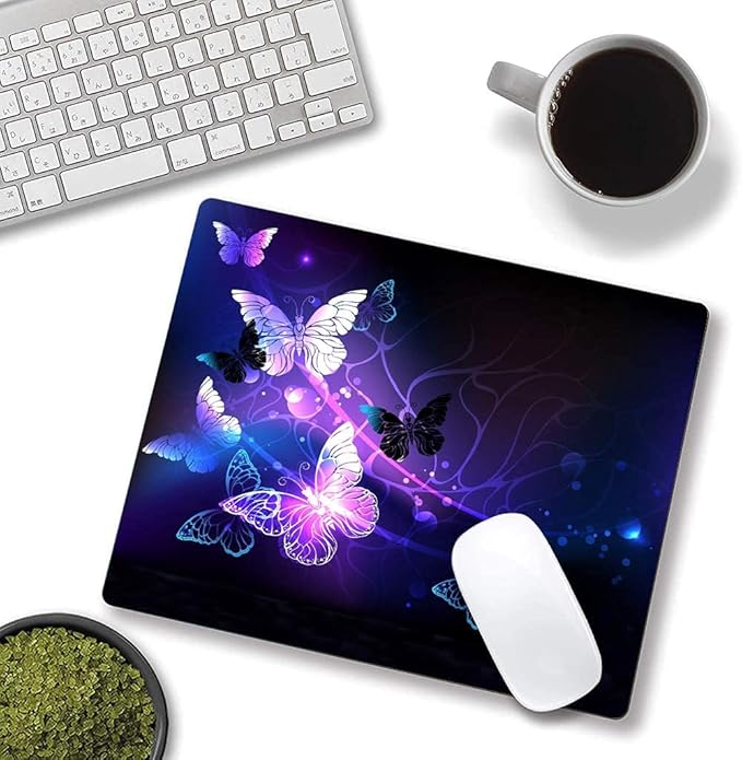 Mouse Pad, Gaming Mouse Pad, Non-Slip Rubber Base Mouse Mat with Designs for Laptop, Computer & Office, 9.5 x 7.9 x 0.12 inches (Purple Butterflies)
