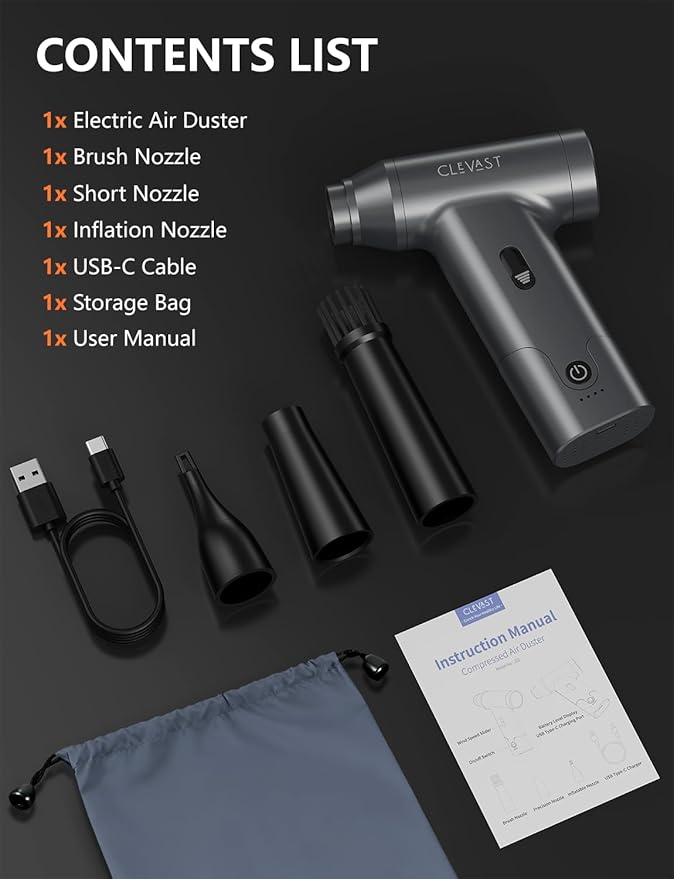 CLEVAST Compressed Air Duster - Cordless Mini Air Blower with Stepless Speed Control, 130000 RPM Brushless Motor, Rechargeable Electric Duster for PC, Keyboard, Car, Electronics Cleaning Kit