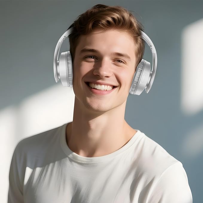 TUINYO Bluetooth Headphones Wireless, Over Ear Stereo Wireless Headset 40H Playtime with deep bass, Soft Memory-Protein Earmuffs, Built-in Mic Wired Mode PC/Cell Phones/TV-White … …