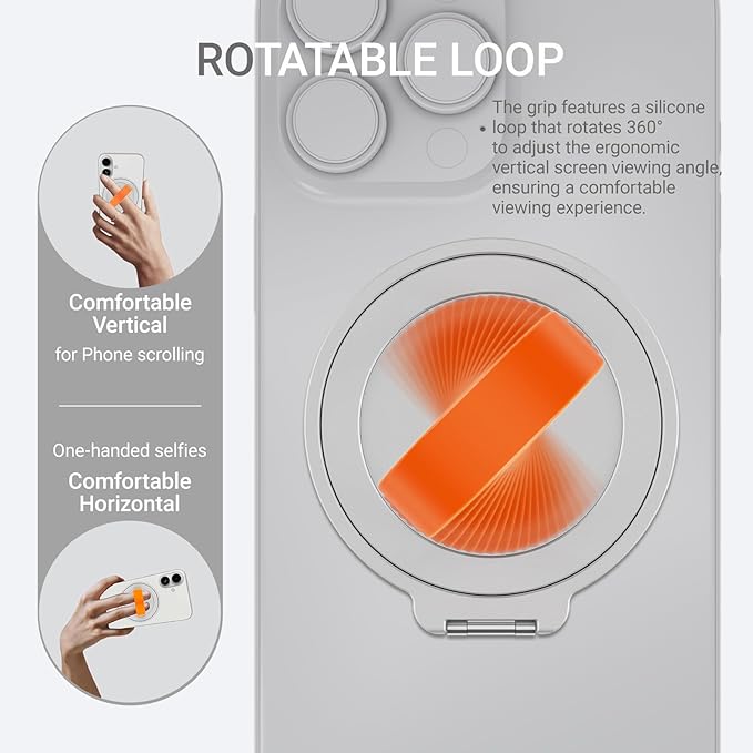 Grat 3 Upgraded Magnetic Phone Grip Stand, 360° Rotatable Silicone Strap Phone Loop Holder, Detachable Ring Kickstand Compatible with Magsafe iPhone 16 15 14 13 12 Pro/max, Silver