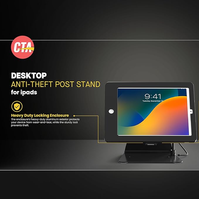 Desktop Anti-Theft Stand – CTA Kiosk Stand with Stylus, Tether, and Aluminum Enclosure for iPad 7th/ 8th/ 9th Gen 10.2,” iPad Air 3, & iPad Pro 10.7” and More (PAD-DASB) - Black