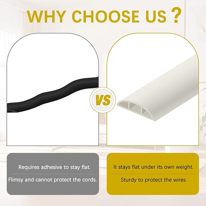 Floor Cord Cover 3.3FT Cord Covers for Wires on Floor Protect Wires & Prevent Trip Hazards, Easy to Cut for Home, Office, School, Concerts, Cavity W0.6in x H0.32in