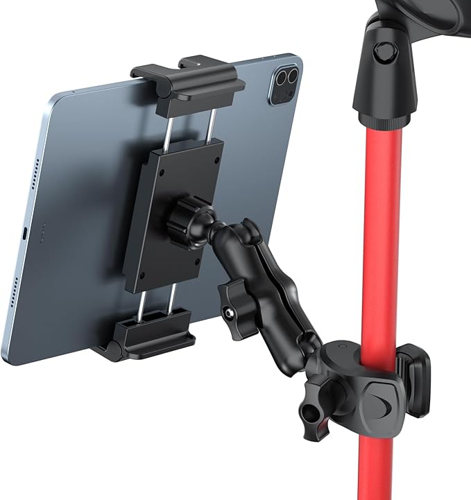 PLDHPRO Tablet Holder for Mic Stand 360° Swivel iPad Music Stand Mount for Microphone with Clamp, Musicians Stage Portable Stands Guitar Tripod Accessories Compatible 5.1-15.6'' Devices