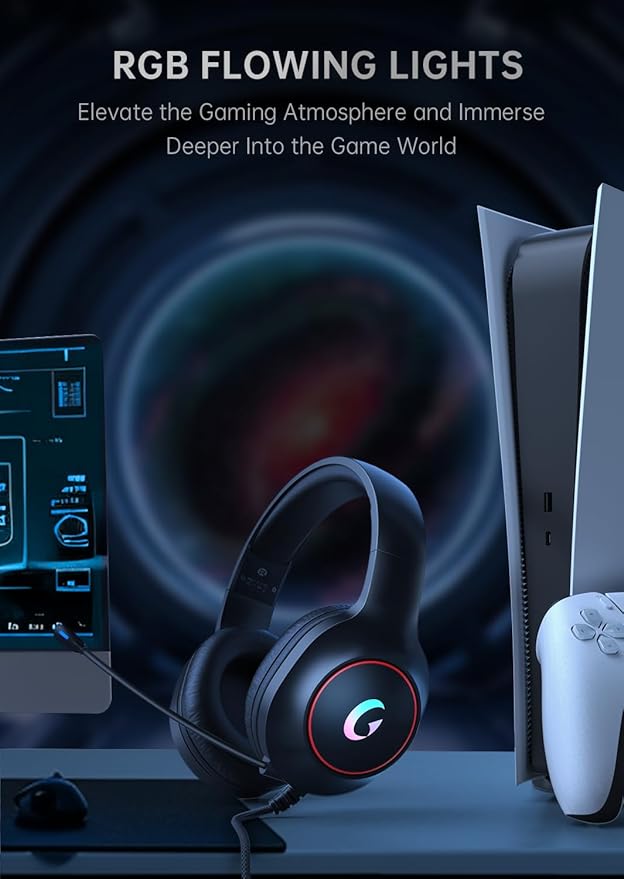 CM7002 Gaming Headset for PS5, PS4, PC, Mac, Switch, Xbox Series, Surround Sound RGB Gaming Headphones with Noise Canceling Microphone, 50MM Dynamic Drivers, 3.5MM Audio Jack, Black