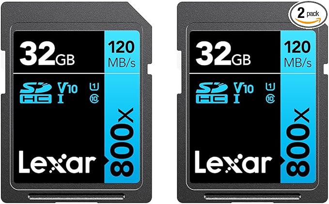 Lexar High-Performance 800x 32GB (2-Pack) SDHC UHS-I Memory Cards, C10, U1, V10, Full-HD & 4K Video, Up to 120MB/s Read, for Point-and-Shoot Cameras, Mid-Range DSLR, HD Camcorder (LSD0800032G-B2NNU)