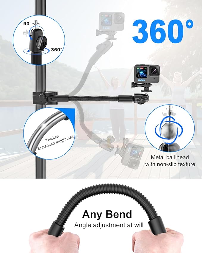 Gooseneck Clamp Camera Mount with 1/4“ 3/8" 5/8" Screw, Go Pro Mounts for Handlebar, Desk, Tube, Cross Bar, Compatible with GoPro Hero 13/Baby Monitor/Logitech Webcam/Insta 360/Field Monitor