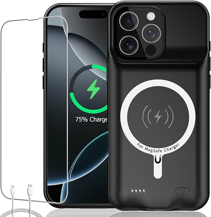 Battery Case iPhone 16 Pro, Upgraded 10000mAh Rechargeable Portable Extended Battery Pack Supported Qi Wireless Charging Case Compatible with iPhone 16 Pro (6.3 inch) Charger Power Bank (Black)