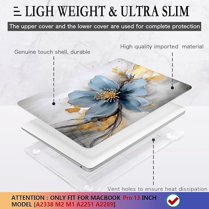 CISSOOK Compatible with MacBook Pro 13 inch 2025-2020 Release Model M2 M1 Chip A2338 A2251 A2289 with Touch Bar, Plastic Hard Shell Case&Keyboard Cover&Screen Protector, Retro Golden Floral