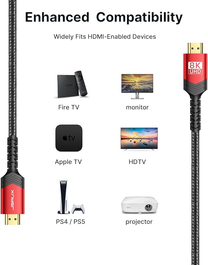 JSAUX 8K HDMI Cable 2.1 2 Pack 6ft, 48Gbps Ultra High Speed HDMI Cable Braided Cord (4K@144Hz, 4K@120Hz, 8K@60Hz) HDCP 2.2&2.3 HDR 10 eARC ARC, Compatible with Switch 2/PS5/Laptop/Monitor/HDTV/-Red