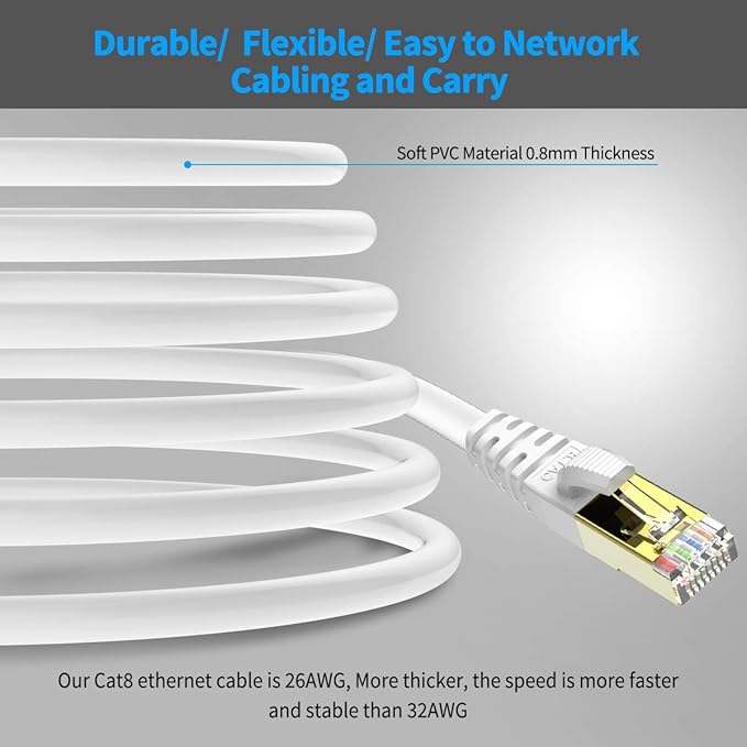 KASIMO CAT 8 Ethernet Cable SFTP Internet Network Patch Cord, Heavy Duty High Speed LAN Cables w Gold Plated RJ45 Connector Professional for Router, Modem, Gaming, Xbox (3 Feet, 5 Pack White)
