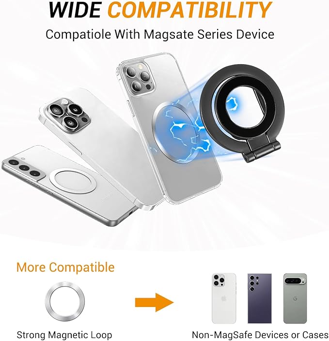 Magnetic Ring Holder Grip, Adjustable Magnet Phone Ring Stand, Multi-Angle Stability Kickstand, Strong Double Sided Magnetic Phone Grip, with Magnet Ring for Phone Case, Black