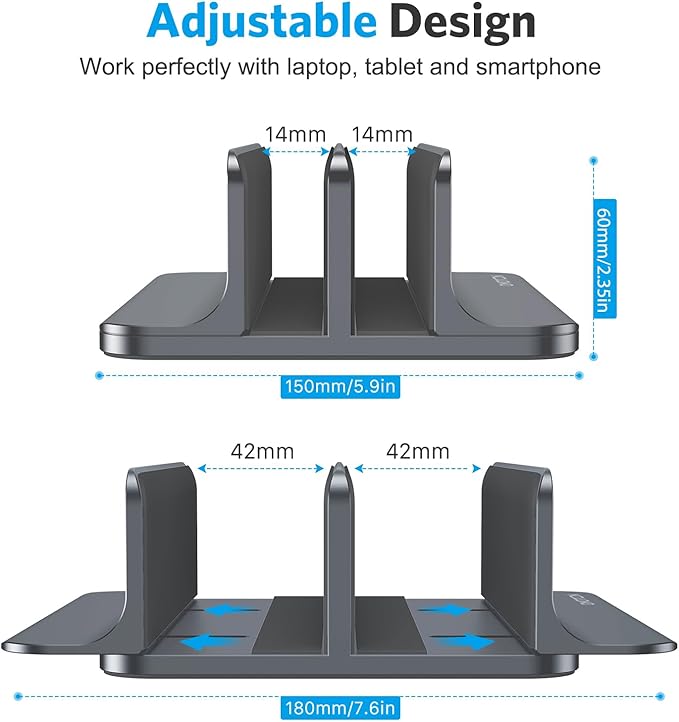 OMOTON [Updated Dock Version] Vertical Laptop Stand, Double Desktop Stand Holder with Adjustable Dock (Up to 17.3 inch), Fits All MacBok/Surface/Samsung/HP/Dell/Chrome Book (Grey)