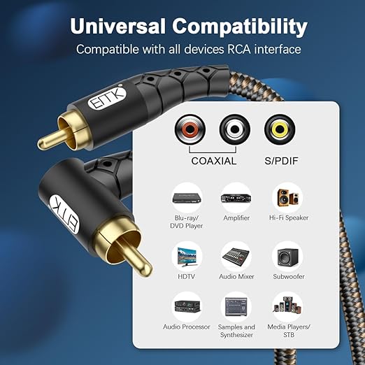 EMK 90 Degree RCA Subwoofer Cable 24K Gold-Plated Connector Nylon Braided Double Shielded – Support Digital & Analog Signals for Amplifier, Home Theater, Hi-Fi System,Subwoofer Black/30ft/10m