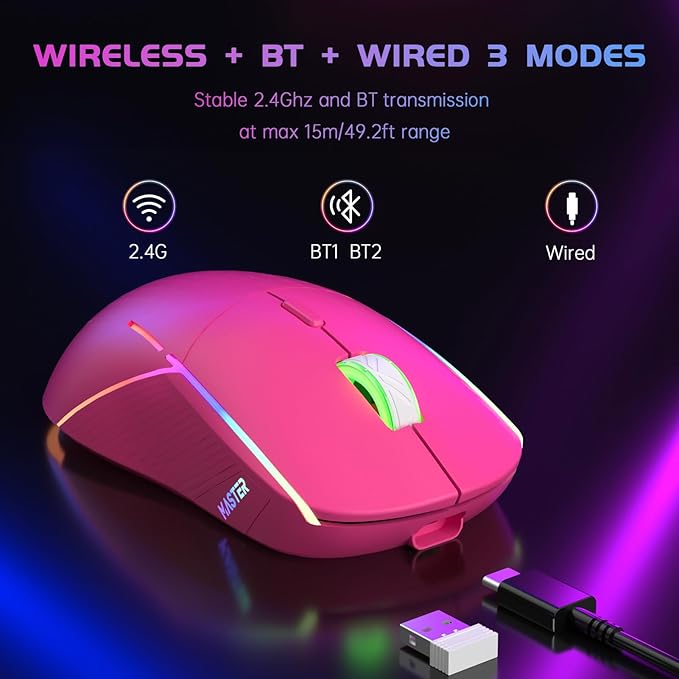 FFJ Wireless Gaming Mouse, 24000 DPI, Tri-Mode 2.4G/USB-C/Bluetooth 5.3 Gaming Mouse Wireless, RGB Programmable Mouse Gamer, 75Hrs Battery Life, Rechargeable Gaming Mice for PC, Mac, PS5, Xbox-Magenta