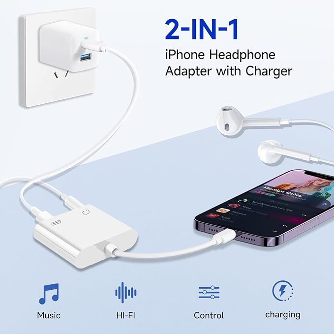 [Apple MFi Certified] 2-in-1 Charging & Audio Adapter for iPhone, Lightning to 3.5mm Headphone Jack Dongle Splitter, Supports Hi-Res Lossless Sound, Compatible with iPhone 14/13/12/11/XS/XR/8/7 1Pack