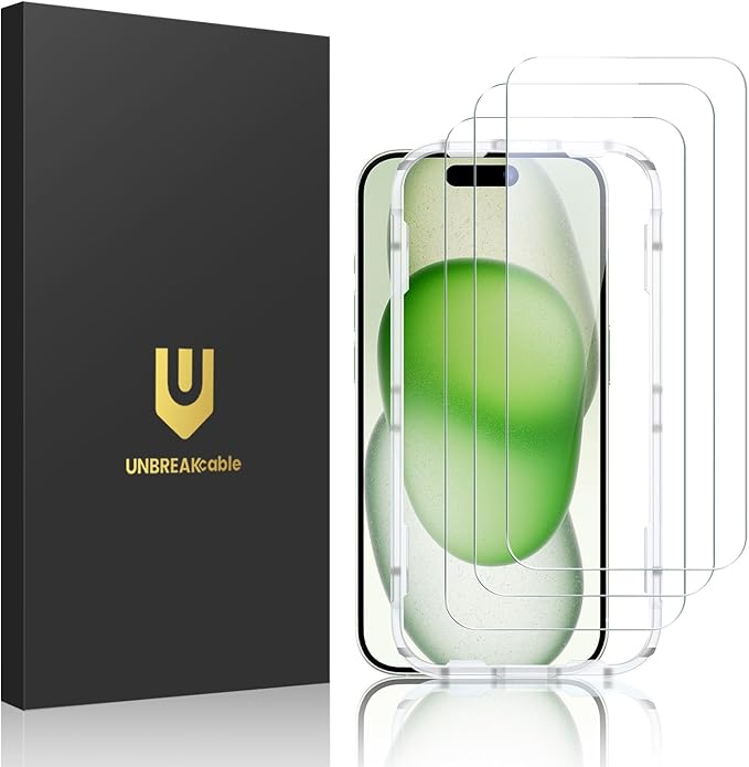 UNBREAKcable 3-Pack Screen Protector for iPhone 15 Plus, Double Shatterproof Tempered Glass [Easy Installation Frame] [9H Hardness] [99.99% HD Clear] [Case Friendly] for iPhone 6.7 inch
