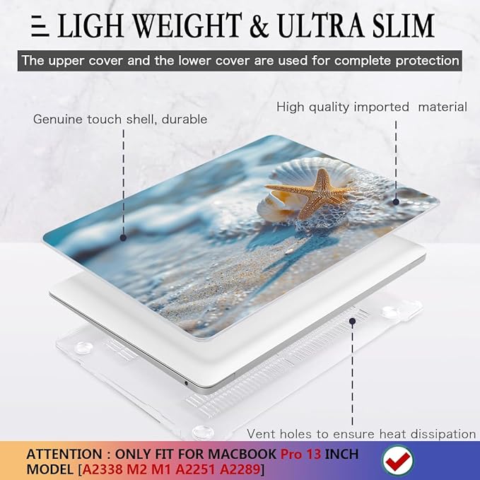 CISSOOK Compatible with MacBook Pro 13-inch Case 2025-2016 Release M2 M1 A2338 A2251 A2289 A2159 A1706 Model with Touch Bar, Plastic Hard Shell Protective Case with Keyboard Cover, Beach&Shell