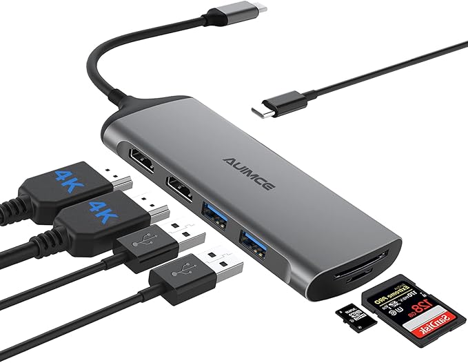 USB C Docking Station Dual Monitor, 7-in-1 Laptop Dock with 2 HDMI,100W PD, USB 3.0, SD/TF Card Reader Ports, Laptop Docking Station for Dell, HP, Lenovo, Surface and More