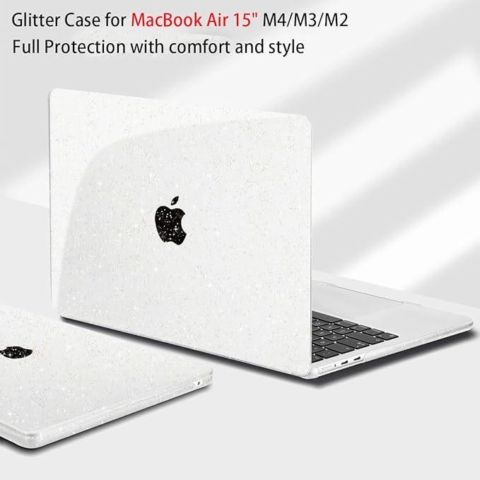Teryeefi Compatible with MacBook Air 15 inch Case M4 M3 M2 Chip 2025 2024 2023 Release A3241 A3114 A2941 Model with Keyboard Cover + Type C Adapter for Air 15.3 Transparent Case, Glitter Clear