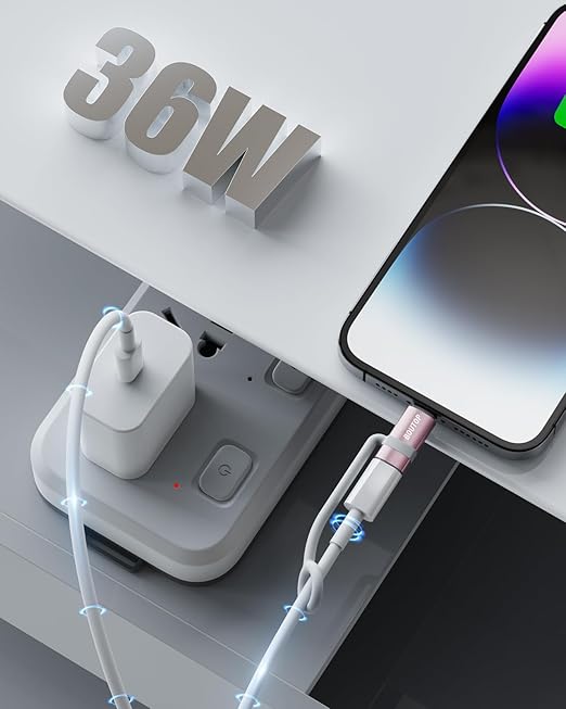 [MFi Certified] 36W USB C to Lightning Cable Adapter, Support Data Sync/PD Fast Charging Compatible with iPhone iPad AirPods, with Anti-Lost Holder - Rose Gold 2 Pack