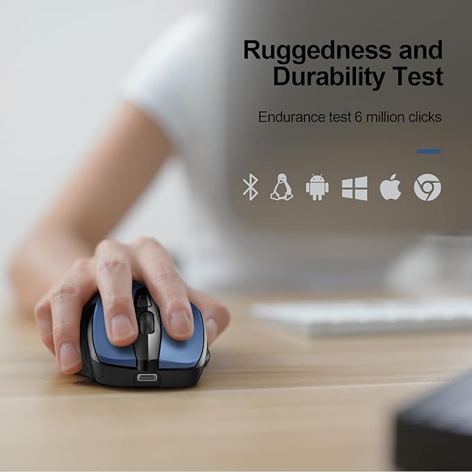 TECKNET Wireless Mouse (BT5.0/3.0 & 2.4G) Rechargeable 4800 DPI Silent USB A & Bluetooth Mouse 6 Buttons, Wide Compatibility - Blue