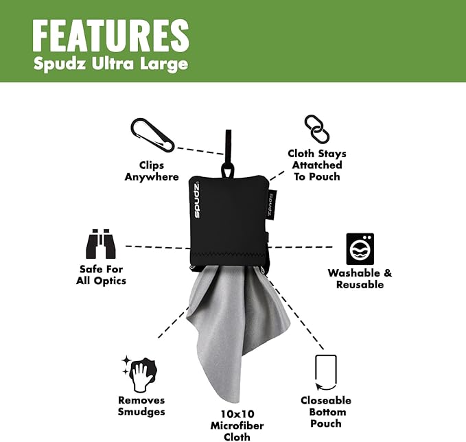 SPUDZ Ultra Microfiber Lens Cleaner – Closable Pouch, Clip-On, Washable – for Optics, Scopes, Glasses | Trout Skin, 10 x 10 Inch