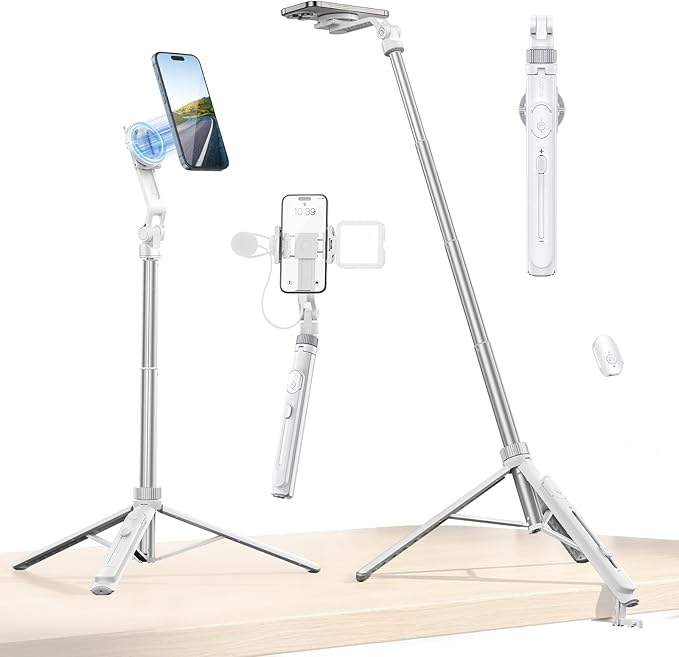 ULANZI TT88 Magnetic Tripod for iPhone, 57" Extendable Selfie Stick with Remote, 2-in-1 Phone Clip & Dual Cold Shoe Mounts-Lightweight Phone Tripod Stand for Vlogging, Travel, Video Recording (White)